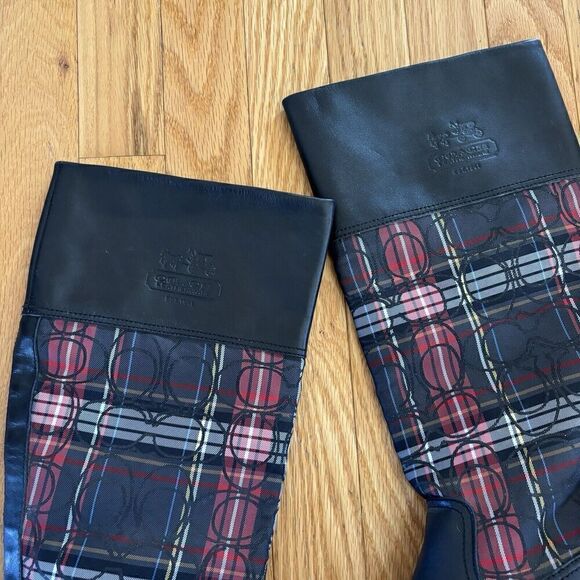 COACH CHRISSI SIGNATURE BLACK Leather Plaid Knee High Riding Boots Sz 7 - Picture 5 of 12